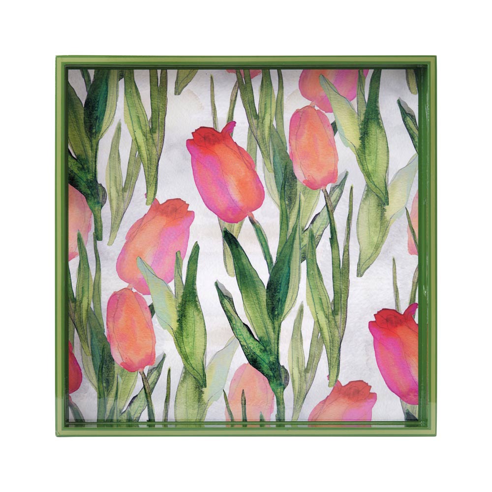 Picture of Pink Tulips Square Lacquer Serving Tray