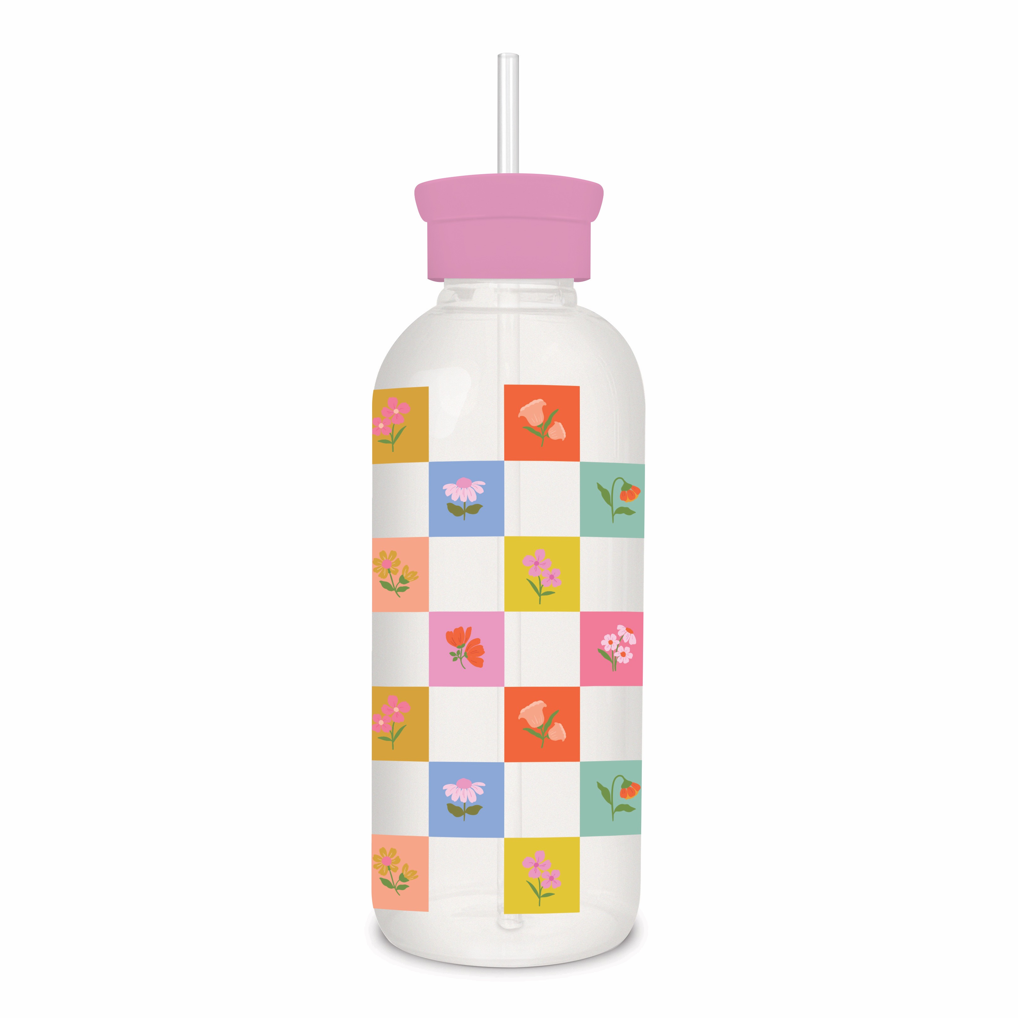 Picture of Checkerboard Blooms Glass Water Bottle with Straw