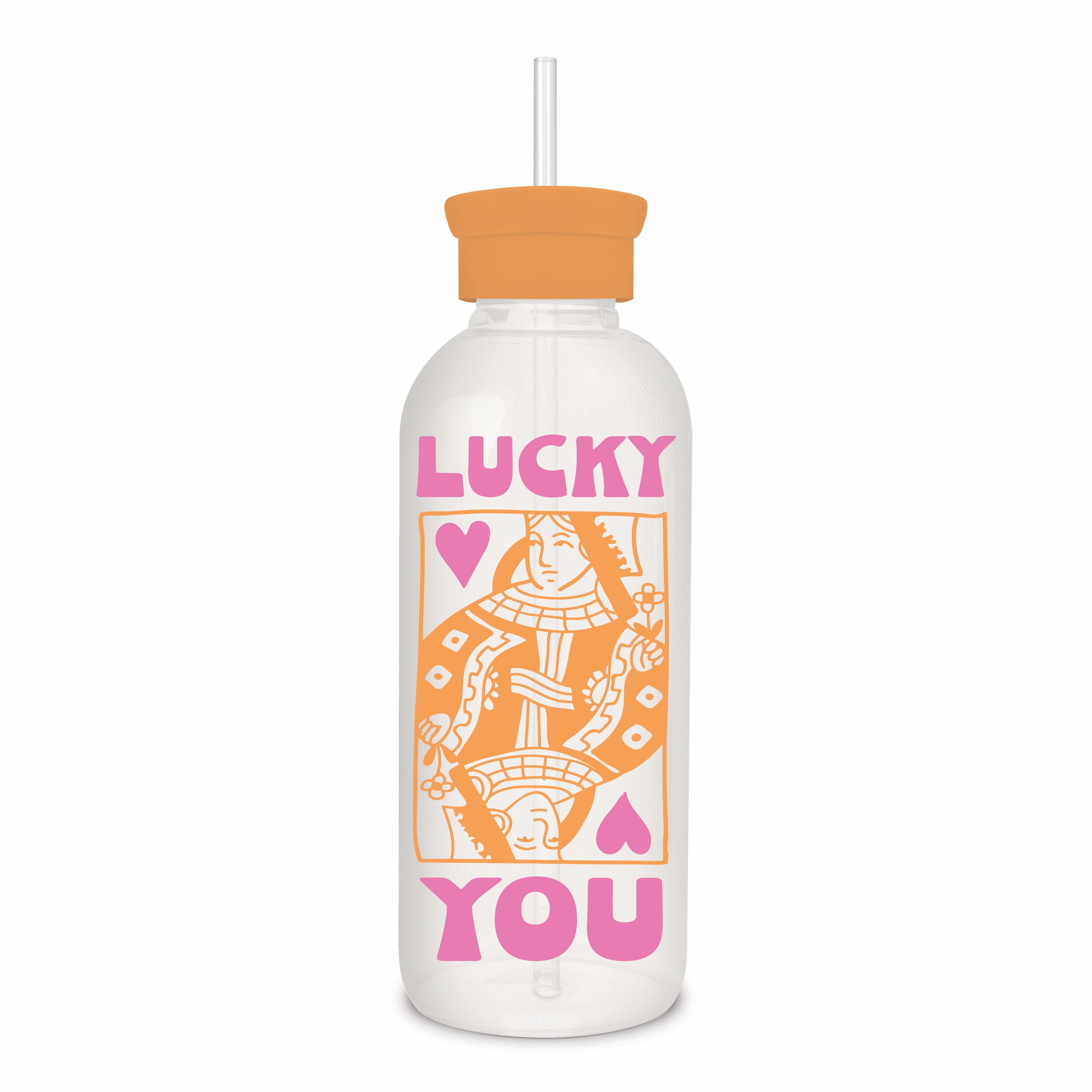 Picture of Lucky Card Glass Water Bottle with Straw
