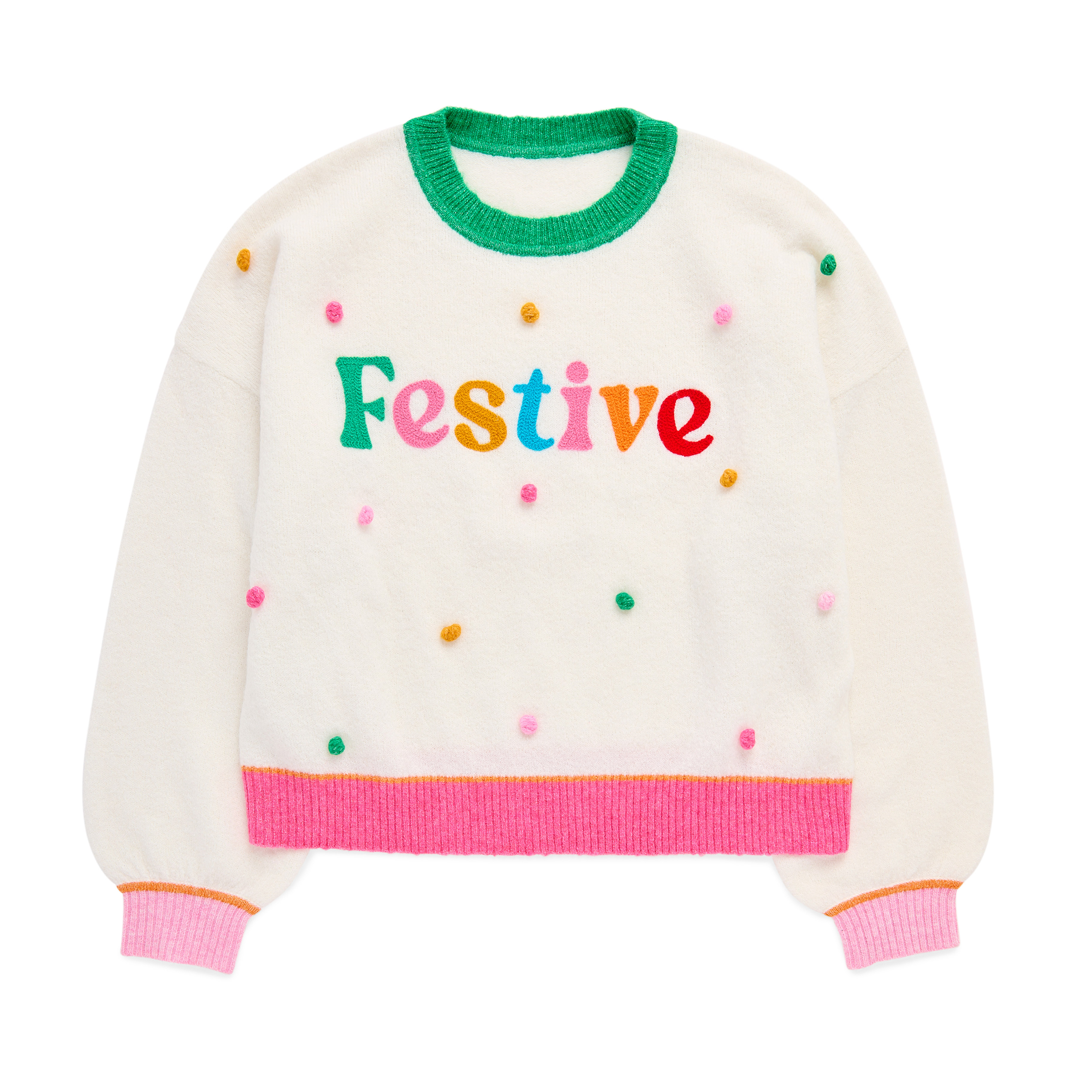 Picture of XS  "FESTIVE" POM POM RELAXED SWEATER,IVORY