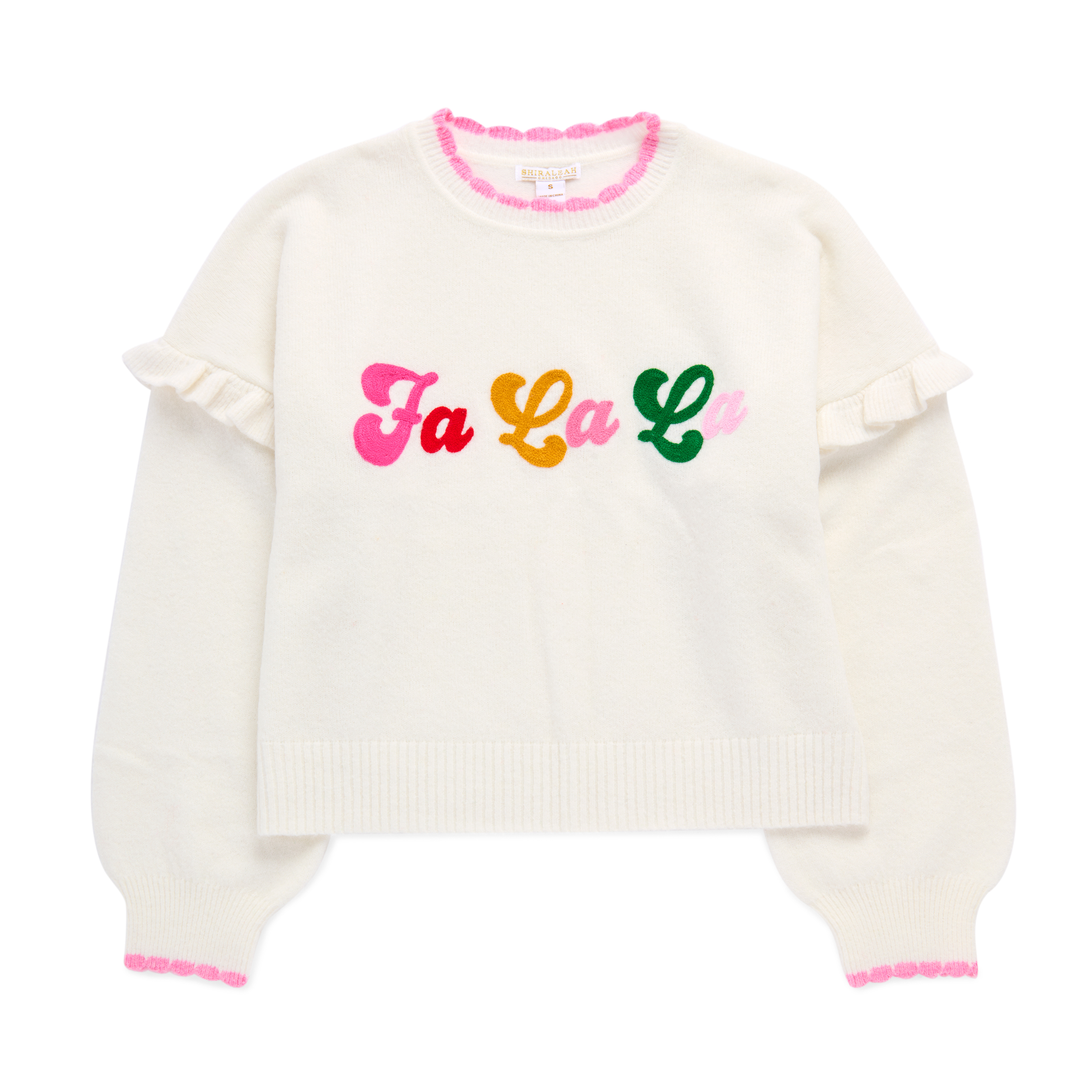 Picture of XS  "FA LA LA" RUFFLE SLEEVE RELAXED SWEATER,IVORY