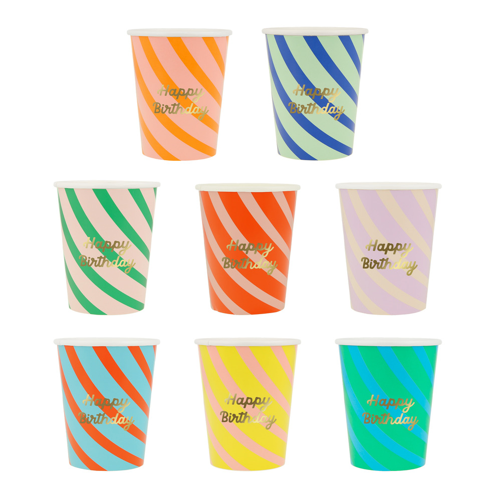 Picture of Stripe Happy Birthday Cups (x 8)