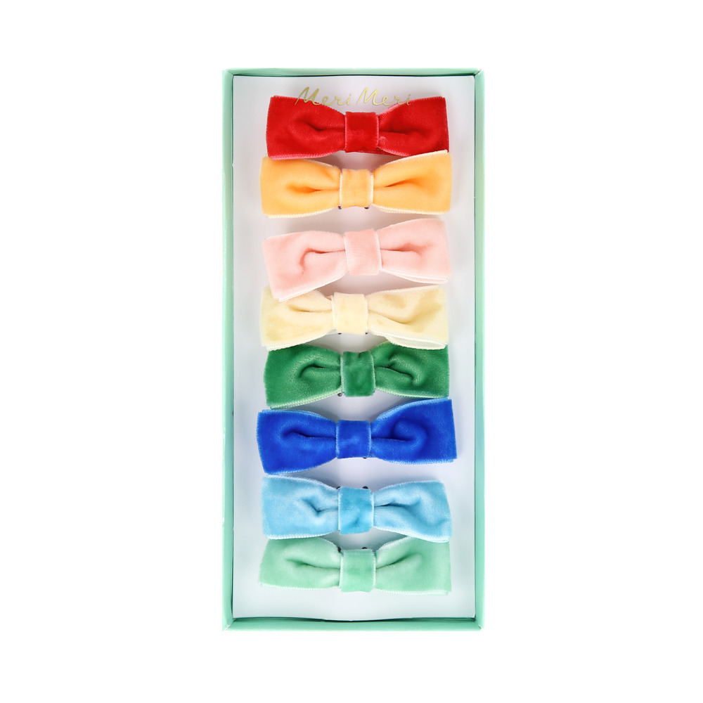 Picture of Rainbow Velvet Bow Hair Clips (x 8)