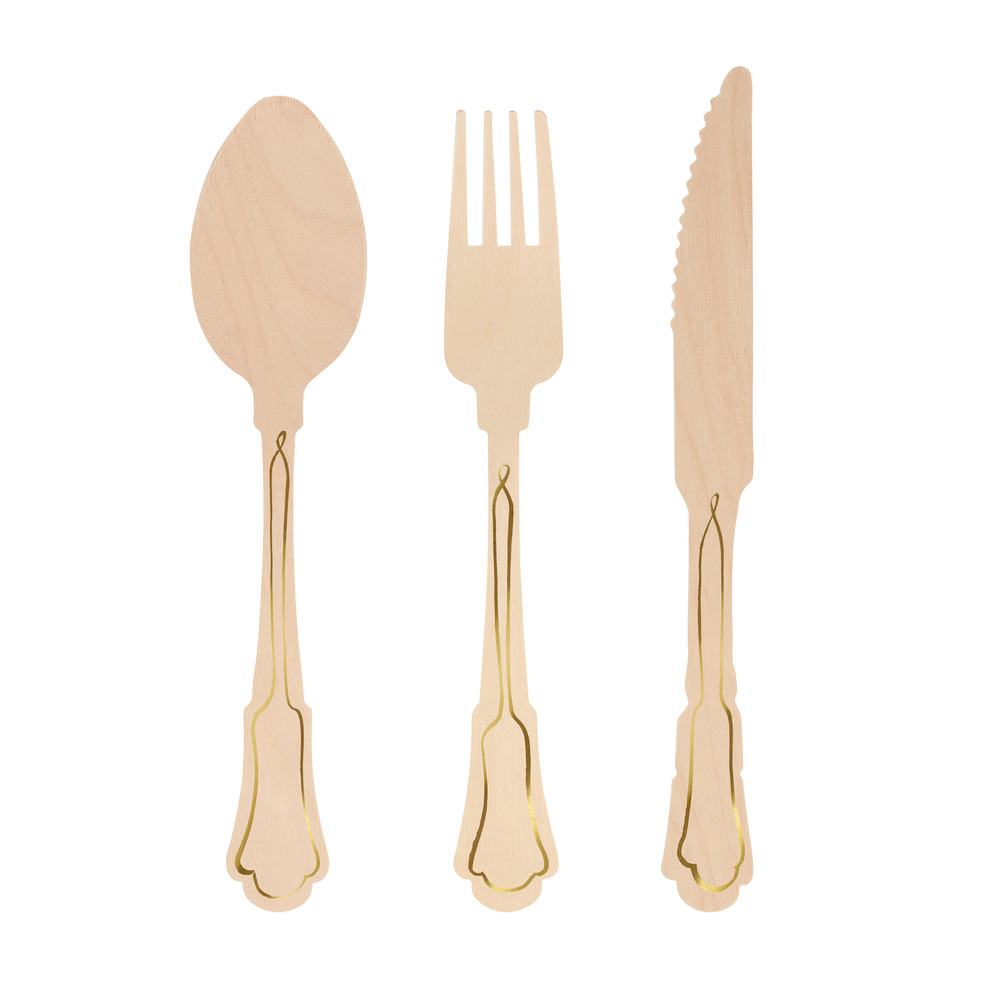 Picture of Elegant Gold Foil Detail Wooden Cutlery Set (x 24)