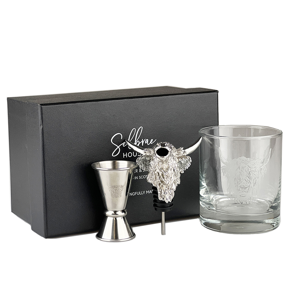 Picture of Glass, Pourer & Jigger Set - Highland Cow
