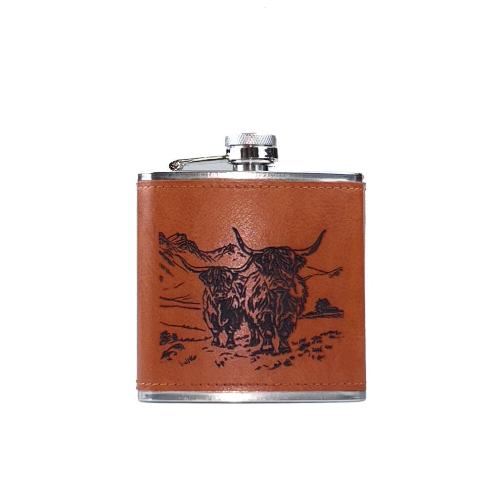 Picture of Leather Hip Flask -  Scenic Highland Cow
