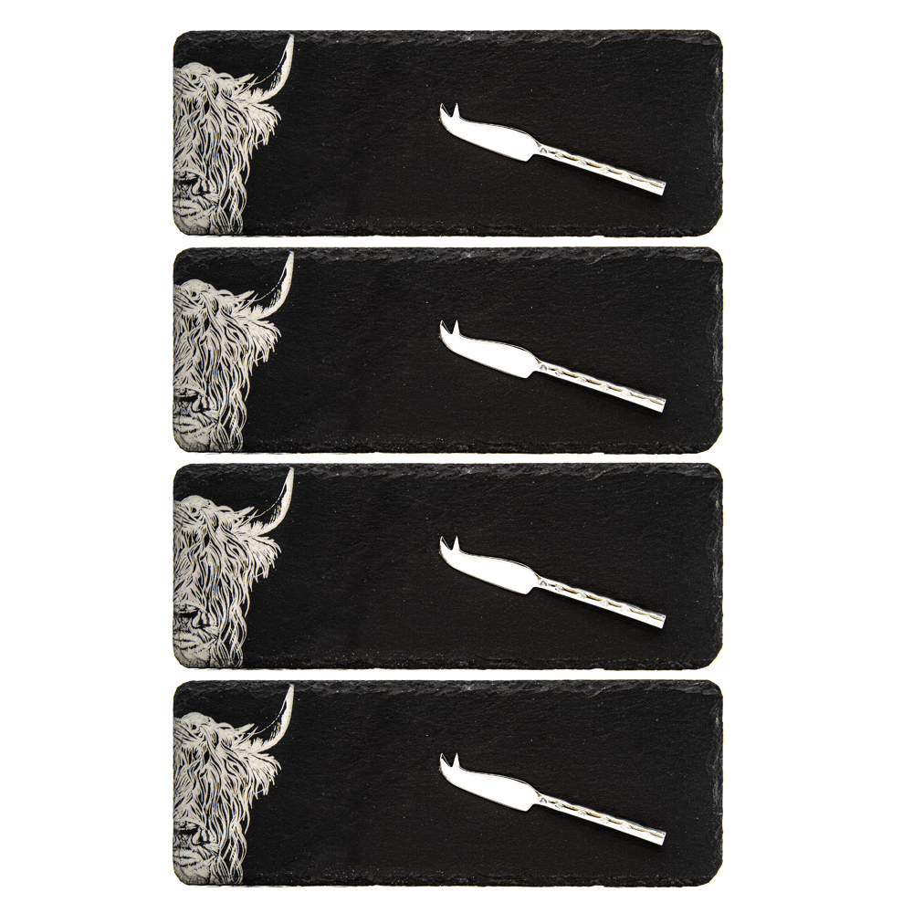 Picture of 4 Highland Cow Mini Slate Cheese Board & Knife Sts