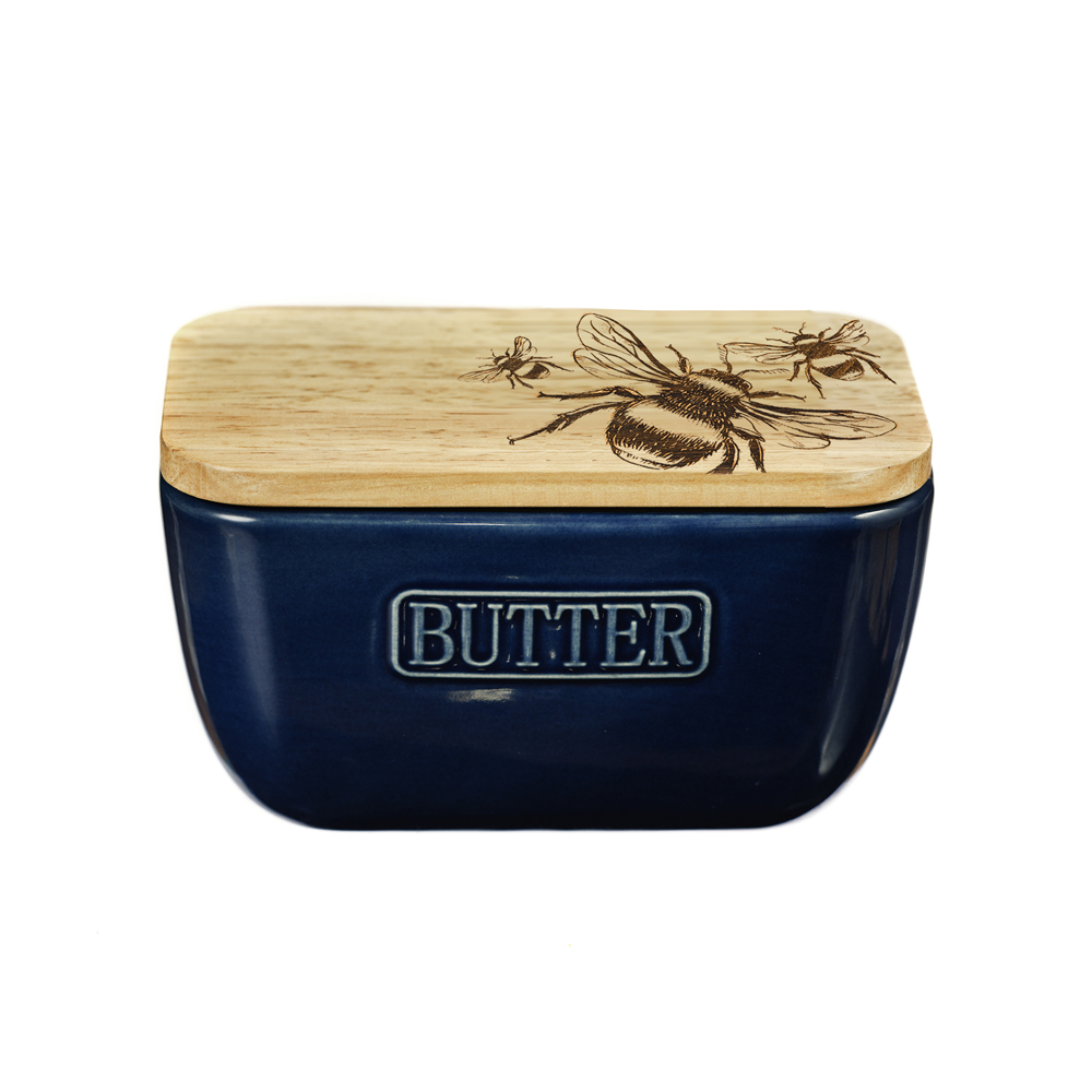 Picture of Bee Oak & Ceramic Butter Dish - Blue