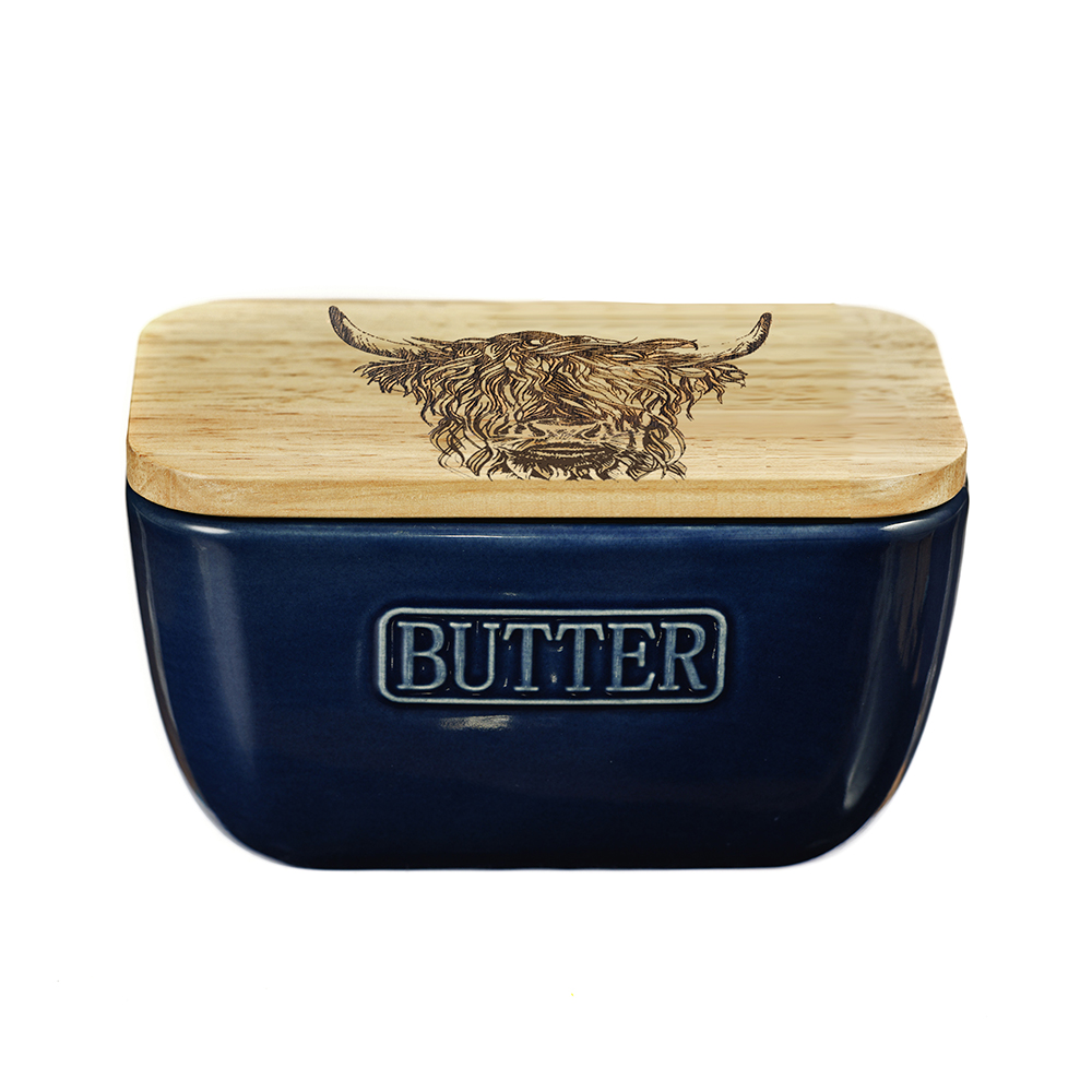 Picture of Highland Cow Oak & Ceramic Butter Dish - Blue