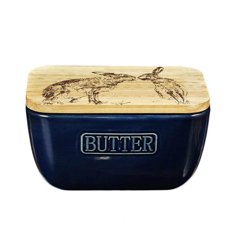 Picture of Kissing Hares Oak & Ceramic Butter Dish - Blue