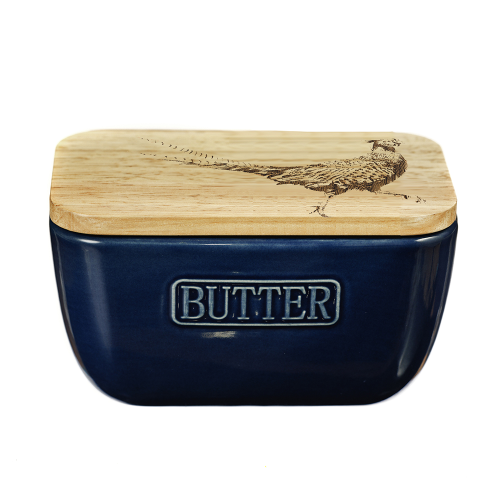 Picture of Pheasant Oak & Ceramic Butter Dish - Blue