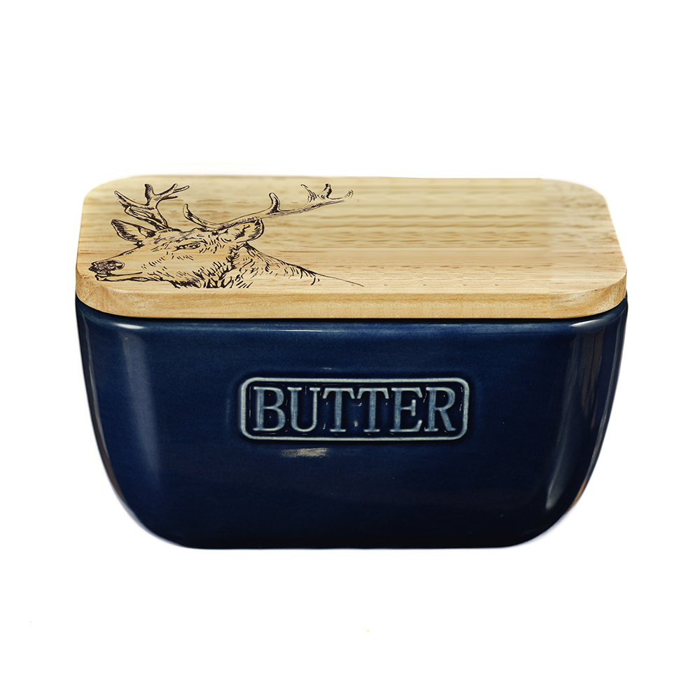 Picture of Stag Oak & Ceramic Butter Dish - Blue