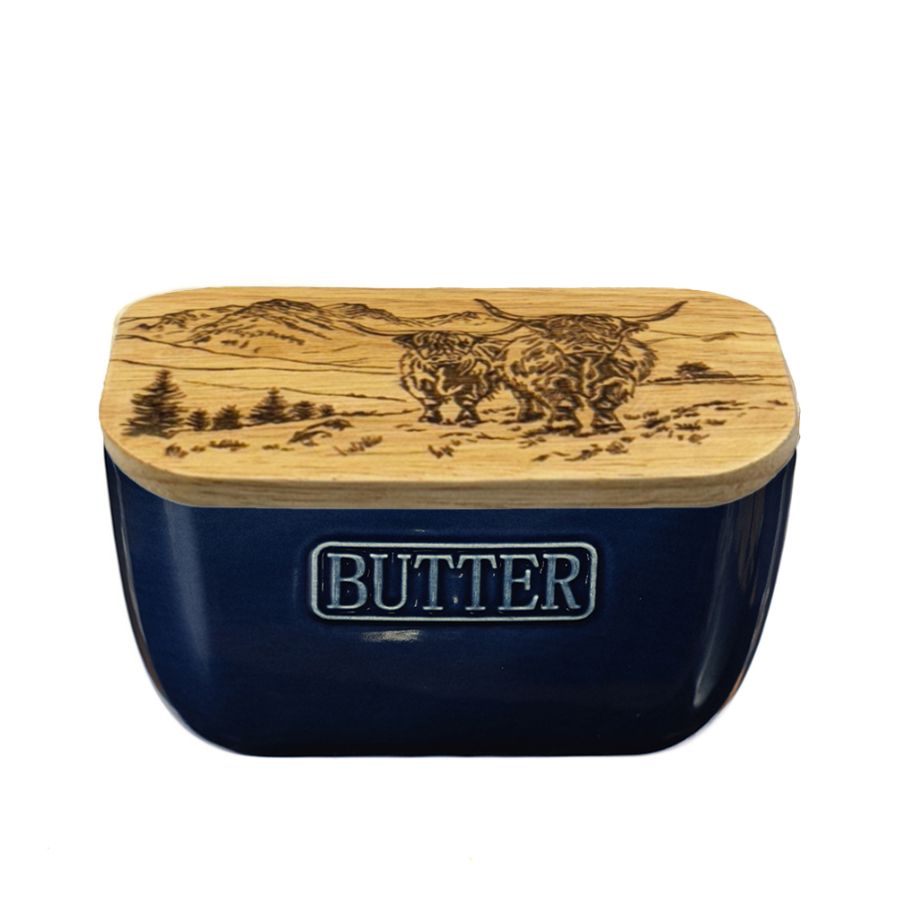 Picture of Blue Butter Dish –  Scenic Highland Cow