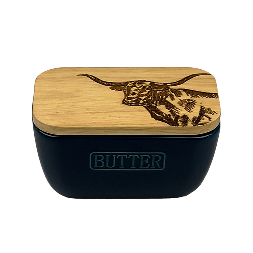 Picture of Blue Butter Dish - Texas Longhorn