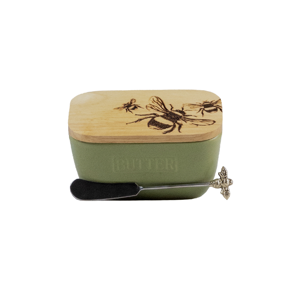 Picture of Green Butter Dish & Knife Set - Bee