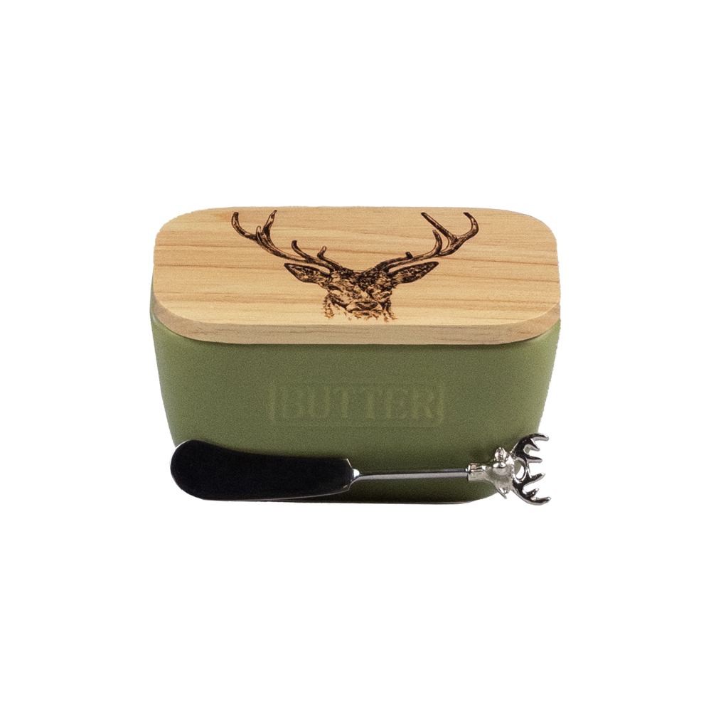 Picture of Green Butter Dish & Knife Set - Stag