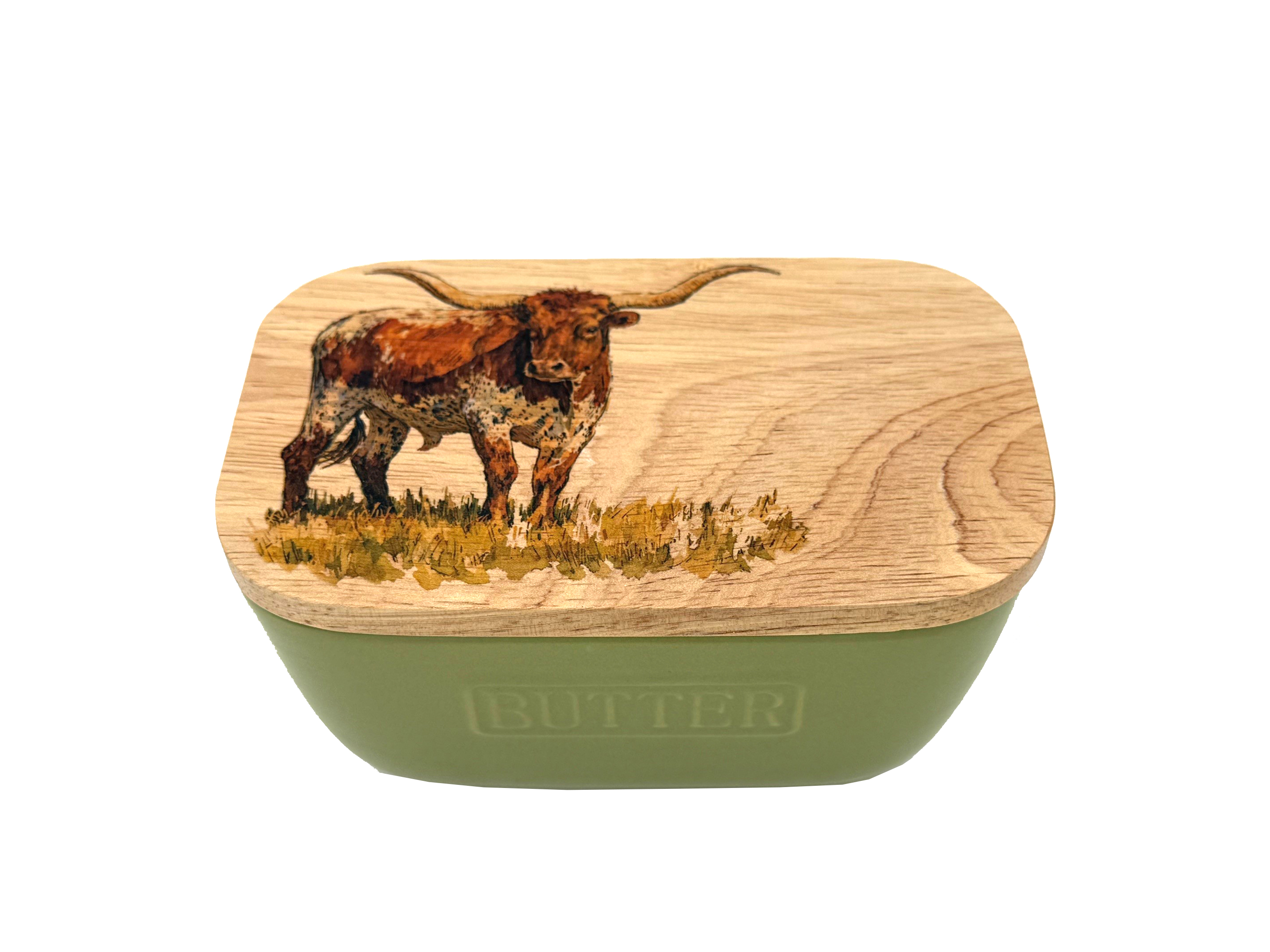 Picture of Green Butter Dish - Water Colour Texas Longhorn
