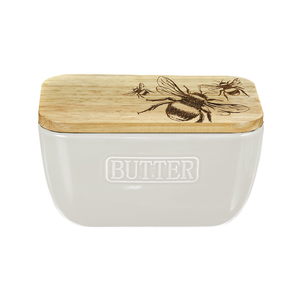 Picture of Bee Oak & Ceramic Butter Dish - White