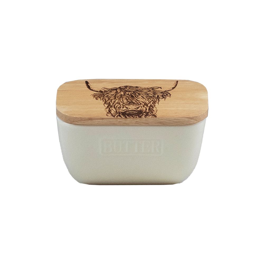 Picture of Highland Cow Oak & Ceramic Butter Dish - White