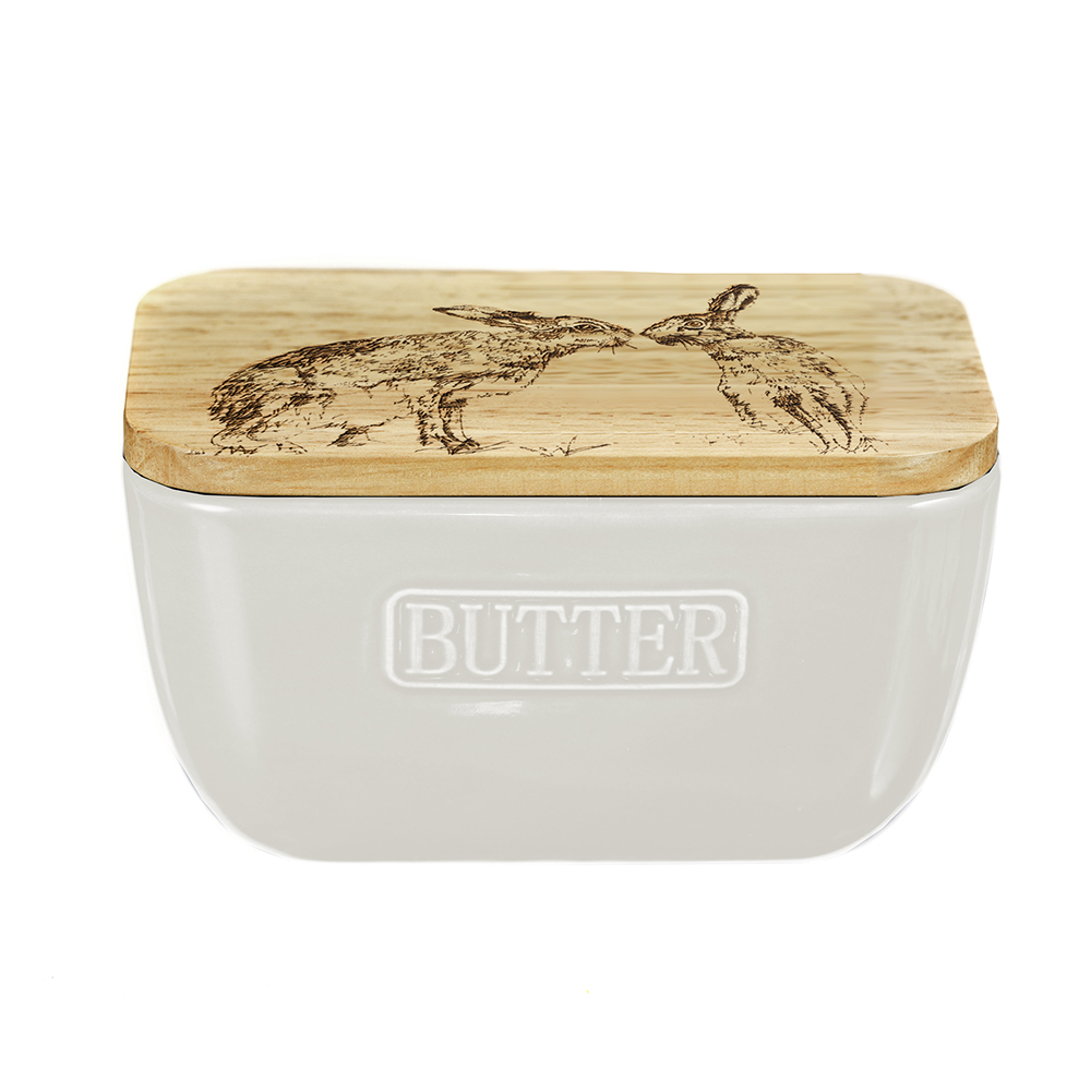 Picture of Kissing Hares Oak & Ceramic Butter Dish - White