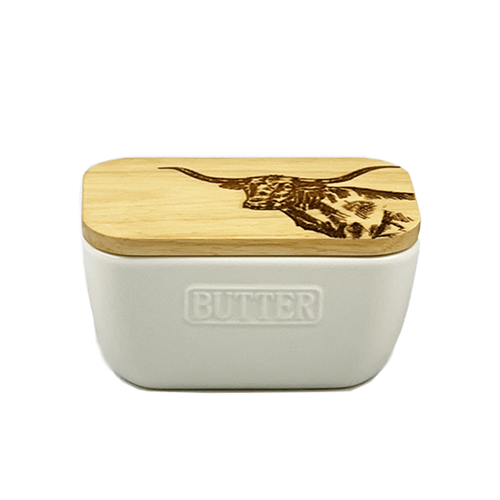 Picture of White Butter Dish – Texas Longhorn
