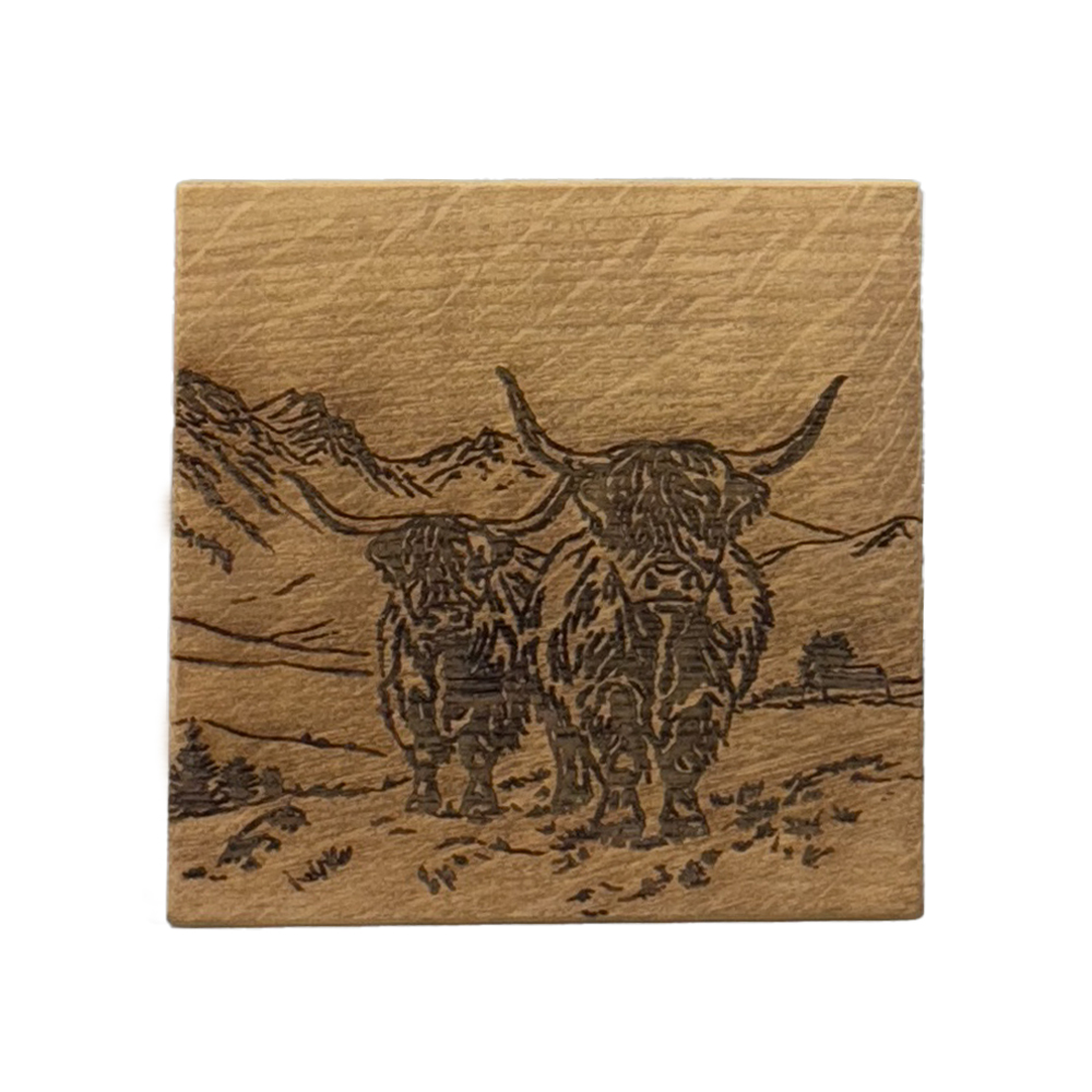 Picture of Single Oak Coaster -  Scenic Highland Cow