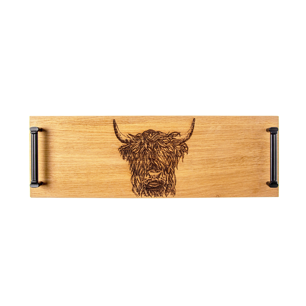 Picture of Highland Cow Sm Oak Serving Tray w Burnished Steel