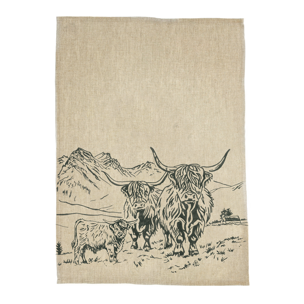 Picture of Linen Tea Towel -  Scenic Highland Cow