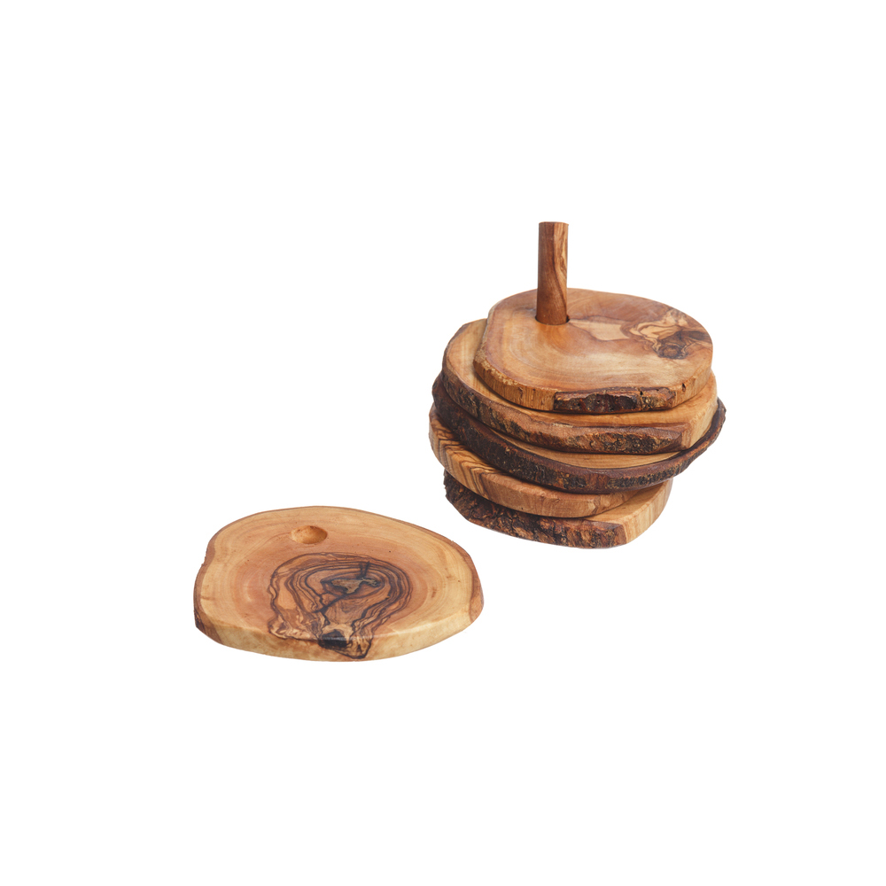 Picture of 6 Rustic Coasters w Holder Olive Wood