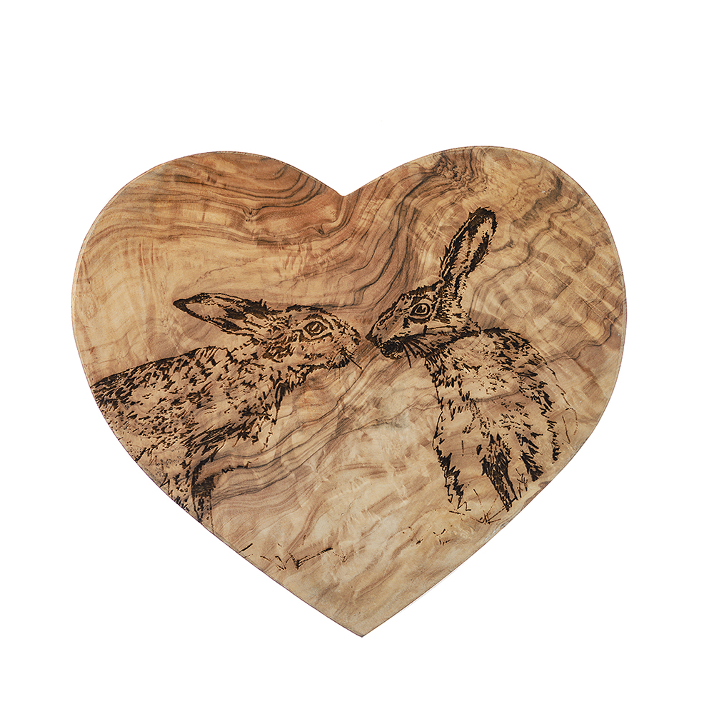 Picture of Kissing Hares Heart Shaped Board 21cm Olive Wood