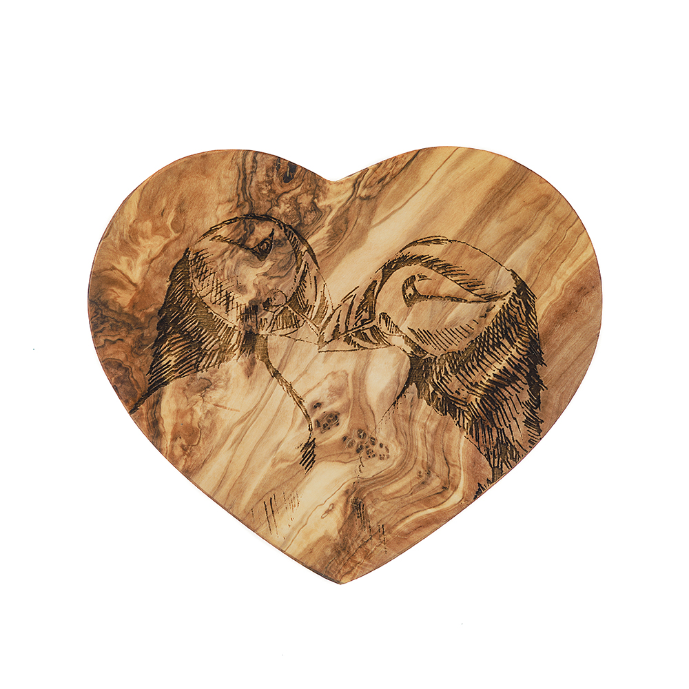 Picture of Puffins Heart Shaped Board 21cm Olive Wood