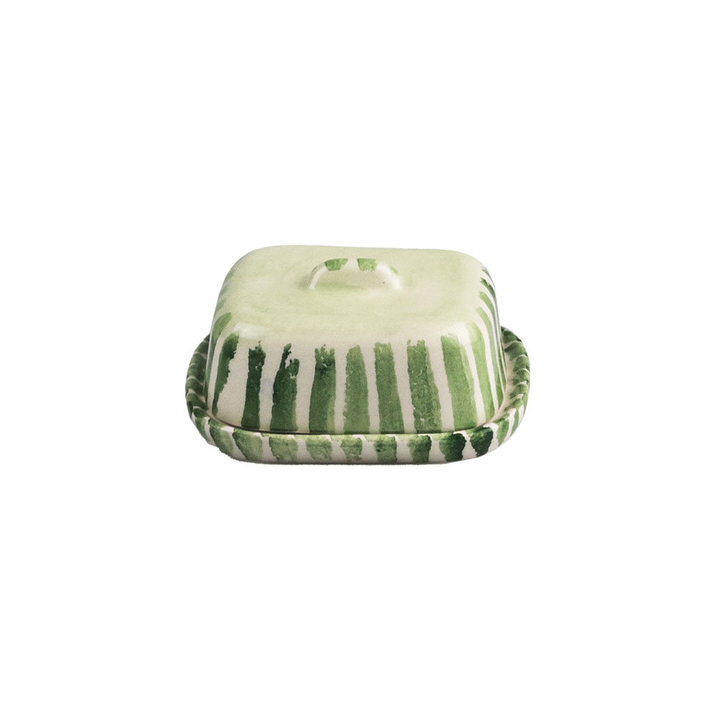 Picture of Mini Ceramic Butter Dish & Knife Set - Green Strip