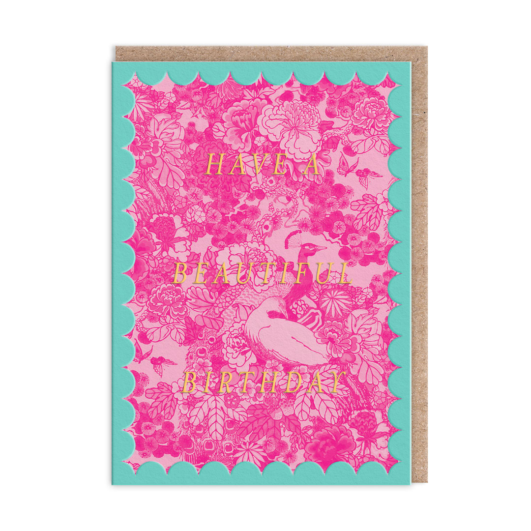 Picture of Scalloped Pink Peacock Greeting Card (12611)