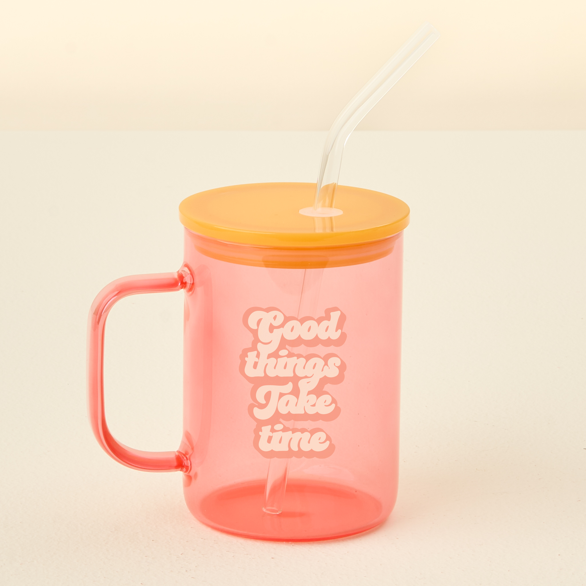 Picture of Color Glass Mug with Handle-Peach Good Things Take