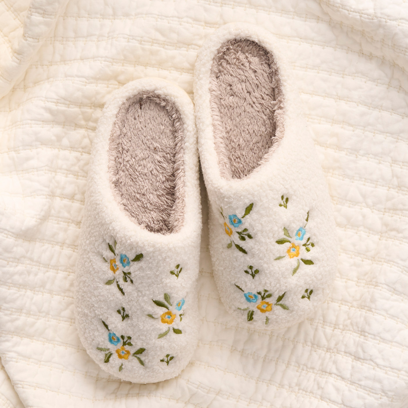 Picture of Fuzzy Slippers-Dainty Floral Blue + Yellow M/L