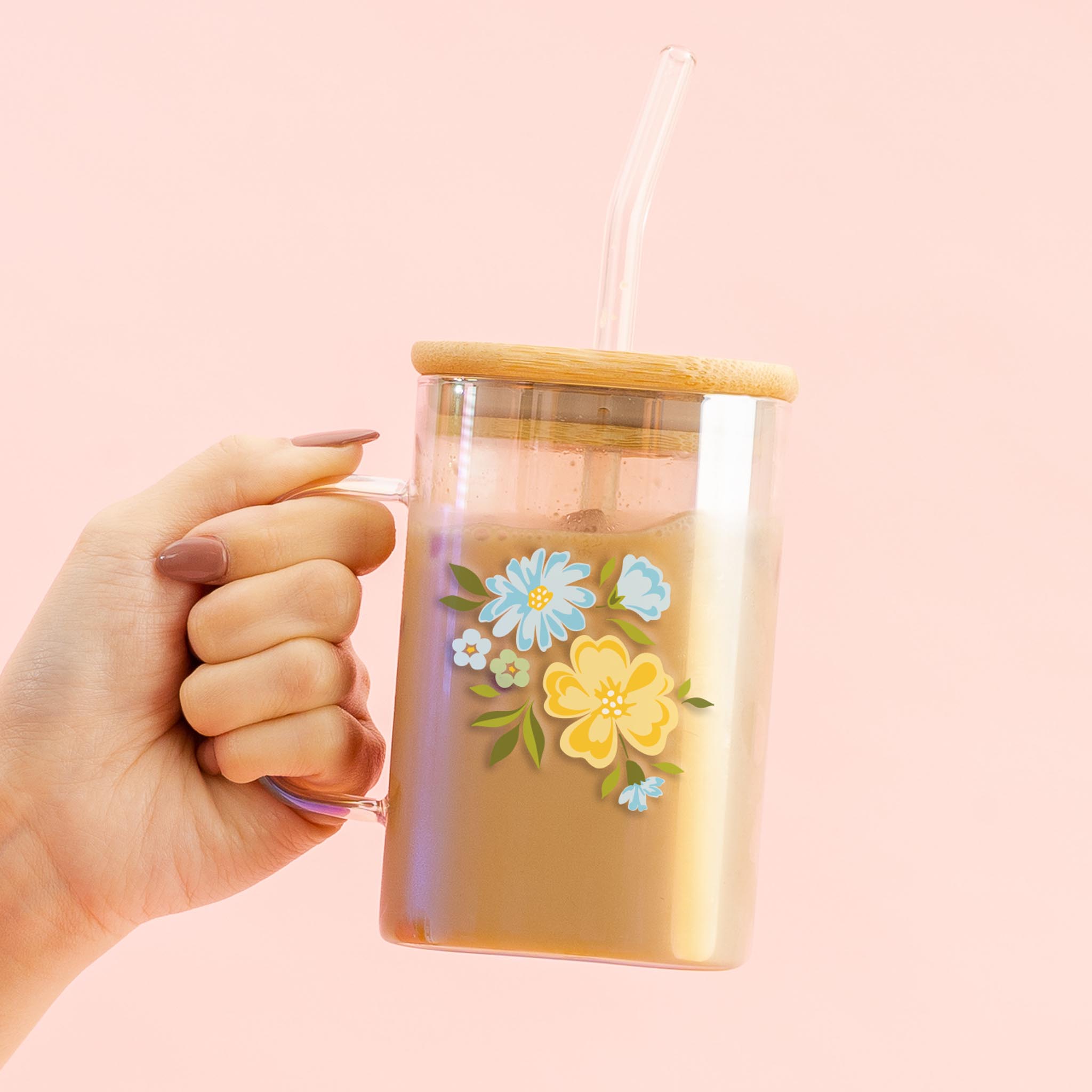 Picture of Square Glass Cup-Dainty Floral Blue + Yellow