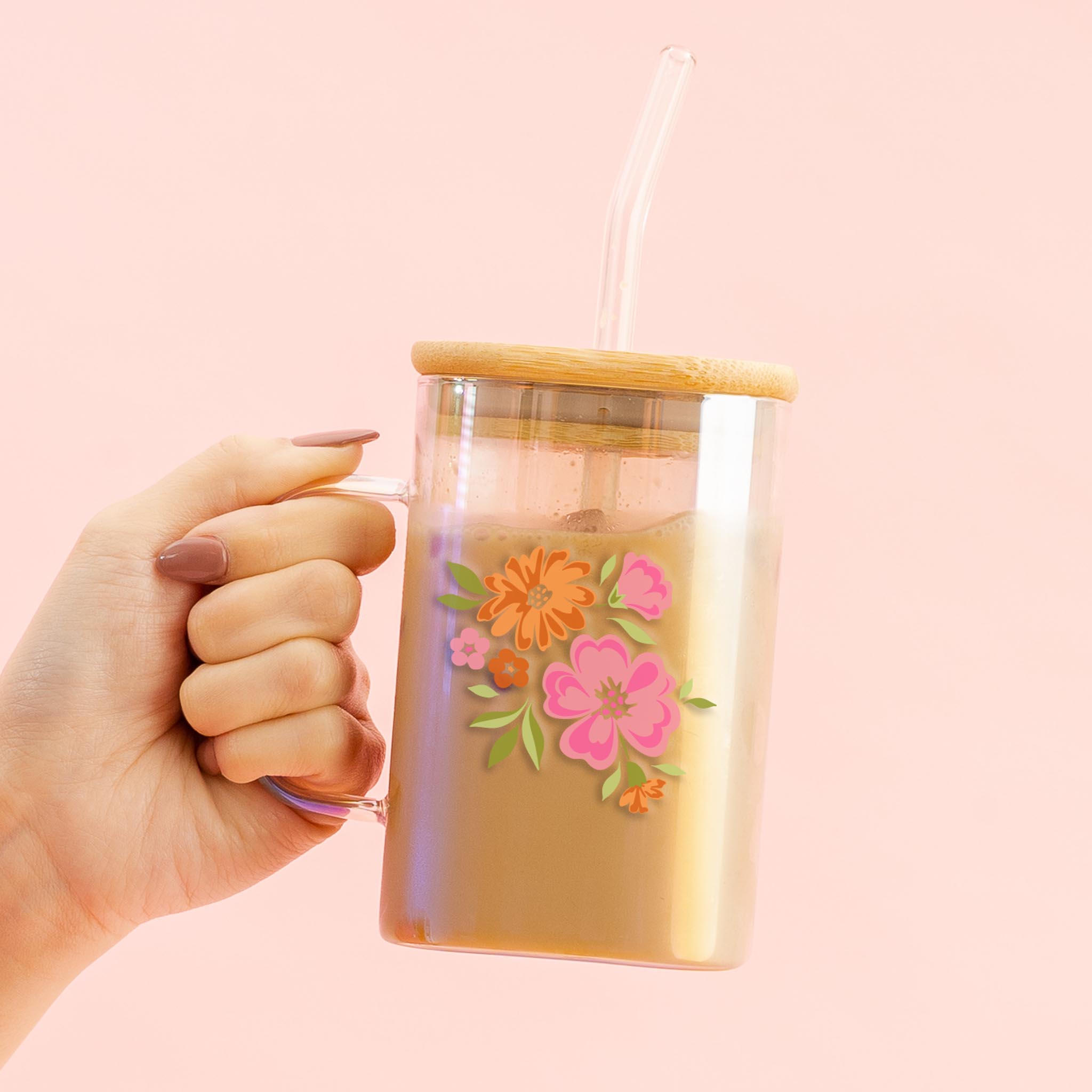 Picture of Square Glass Cup-Dainty Floral Pink