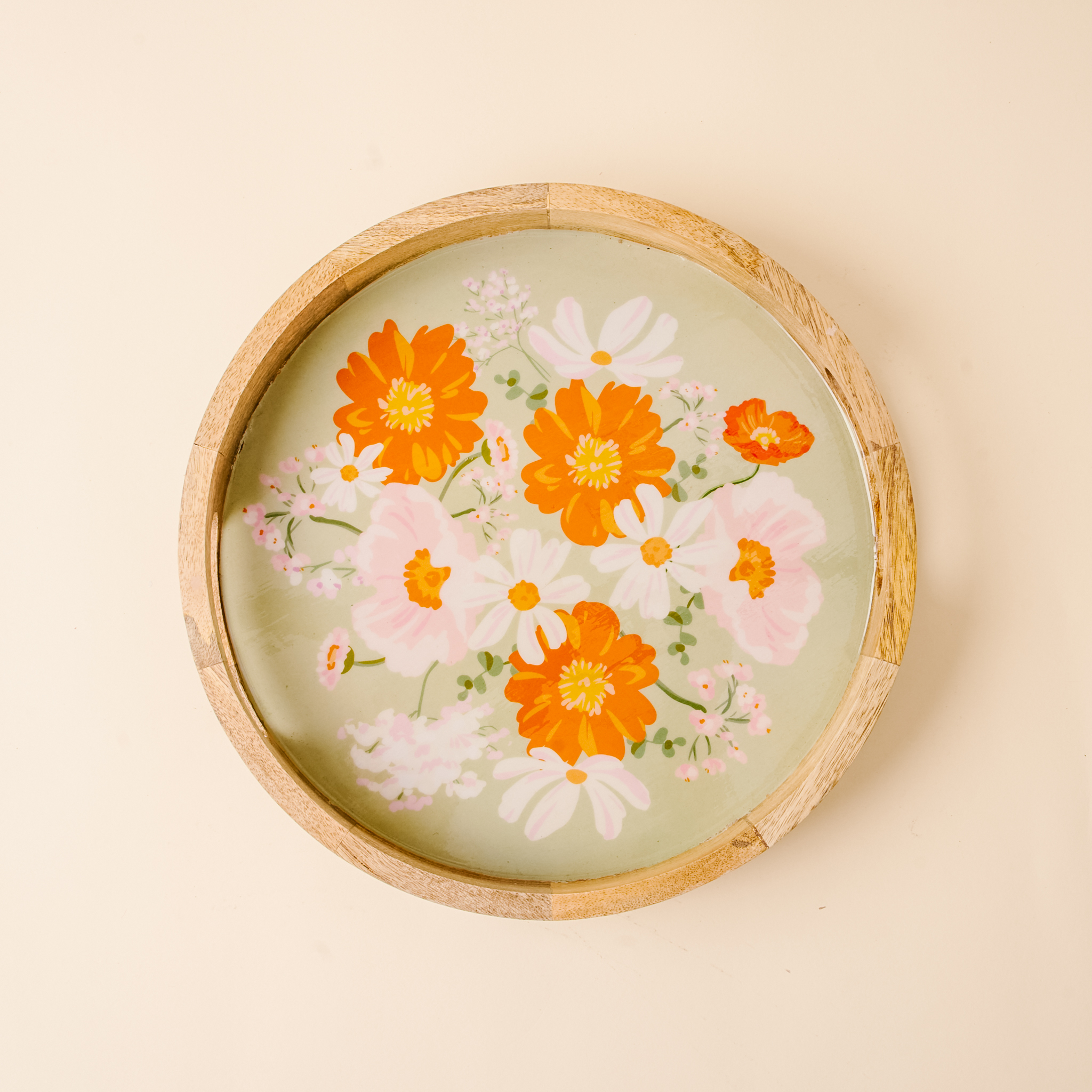 Picture of Large Round Wood Enamel Tray-Bouquet Beauty Sage