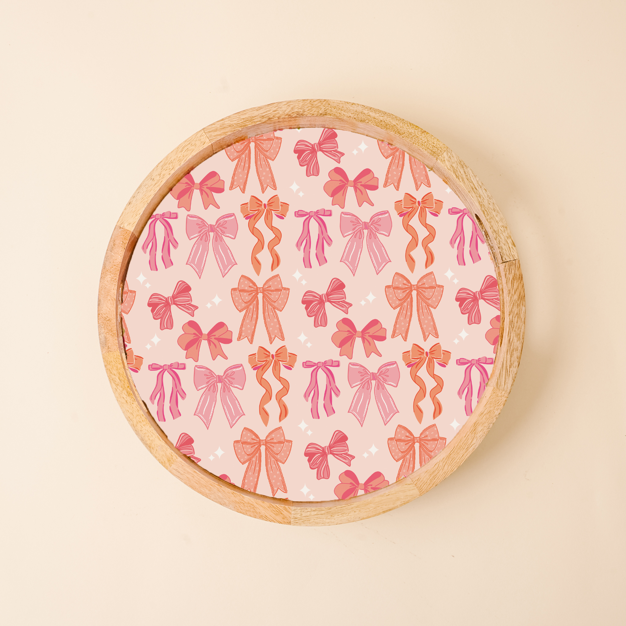 Picture of Large Round Wood Enamel Tray-Blushing Bows