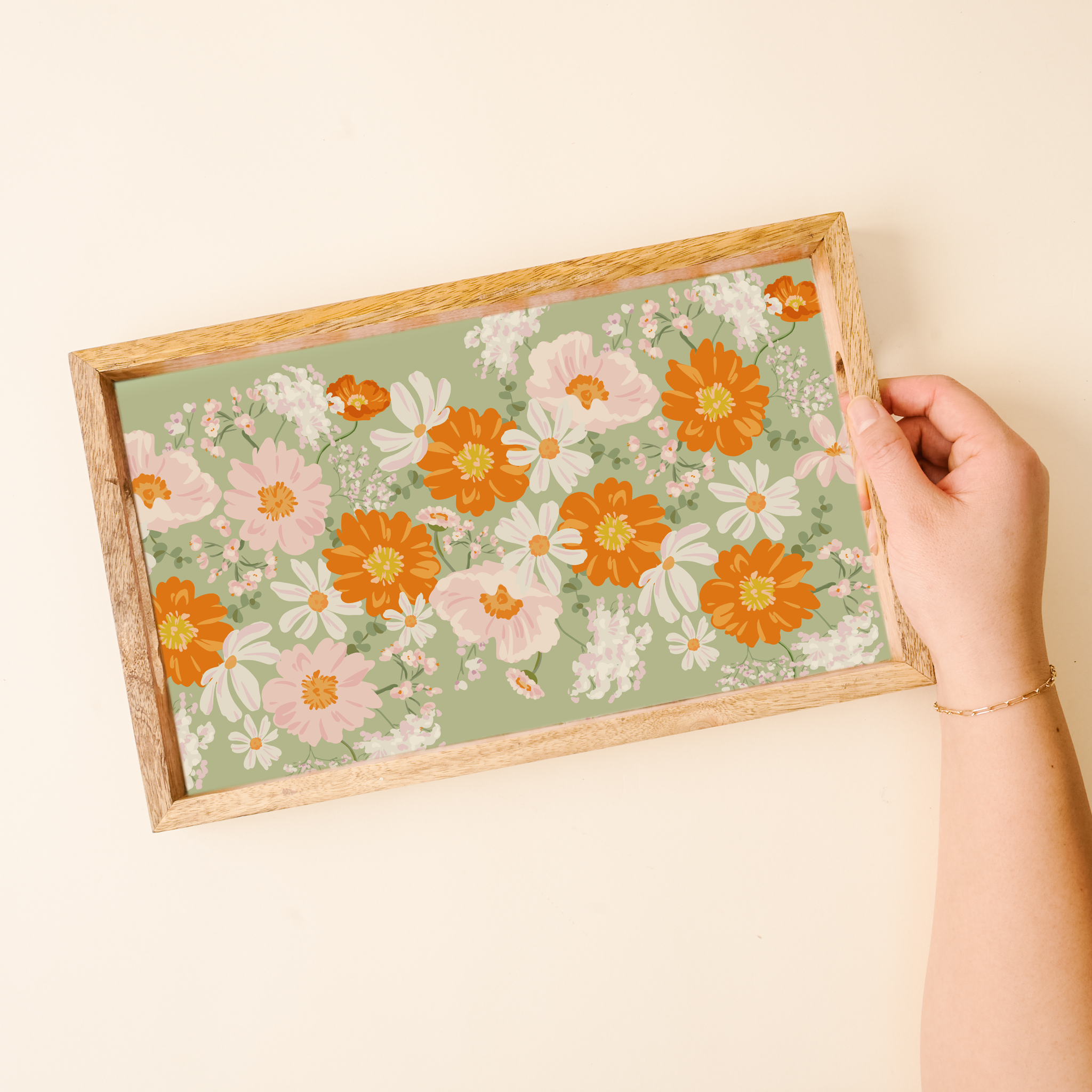 Picture of Rectangle Wood Enamel Tray-Bouquet Beauty Sage