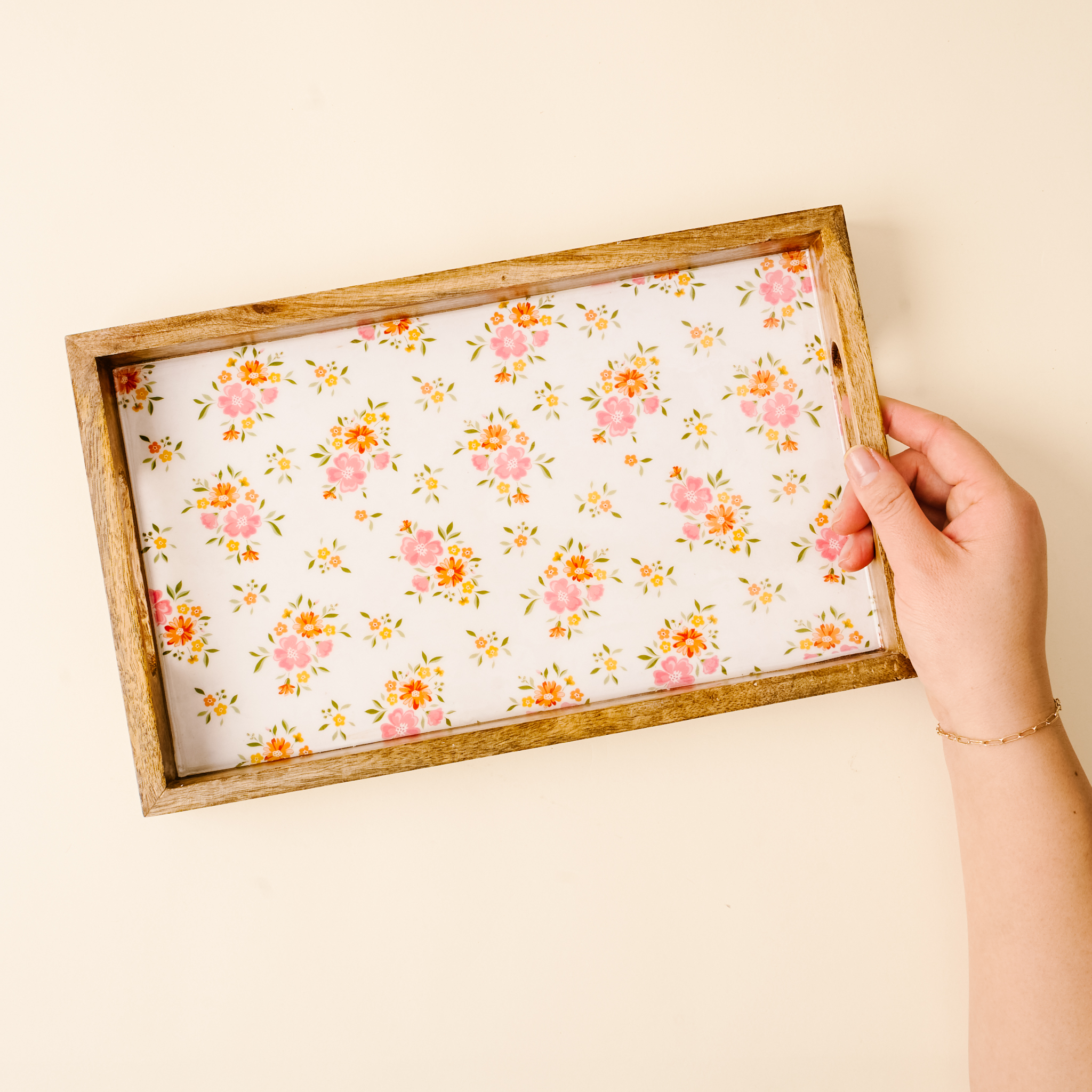 Picture of Rectangle Wood Enamel Tray-Endless Daydream Cream
