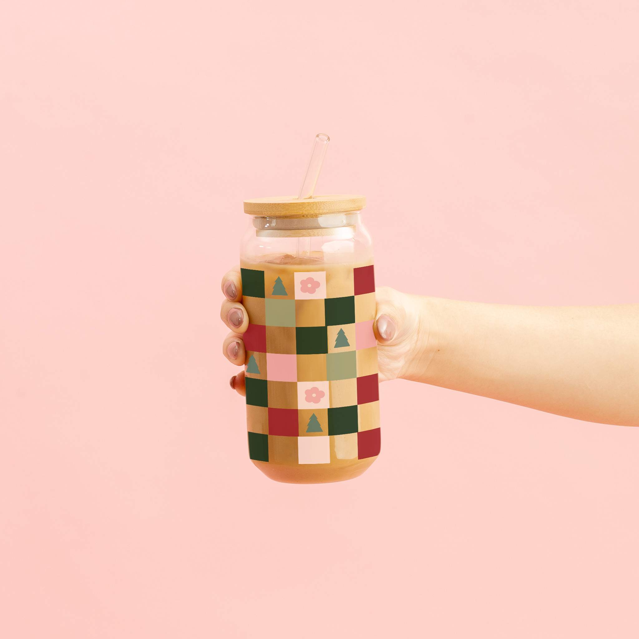 Picture of Round Glass Cup-Holiday Checkers