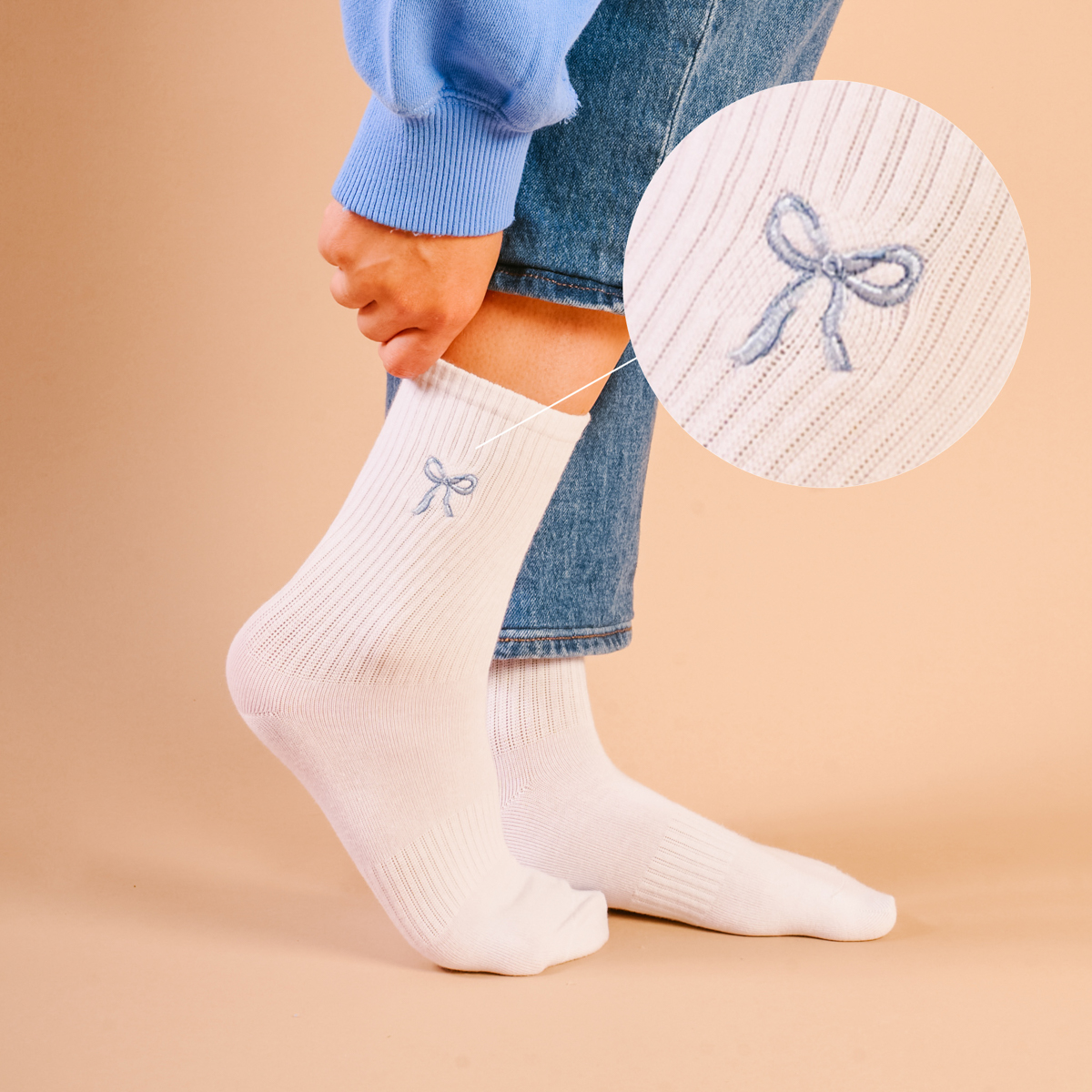 Picture of Embroidered Crew Socks-Blue Bow