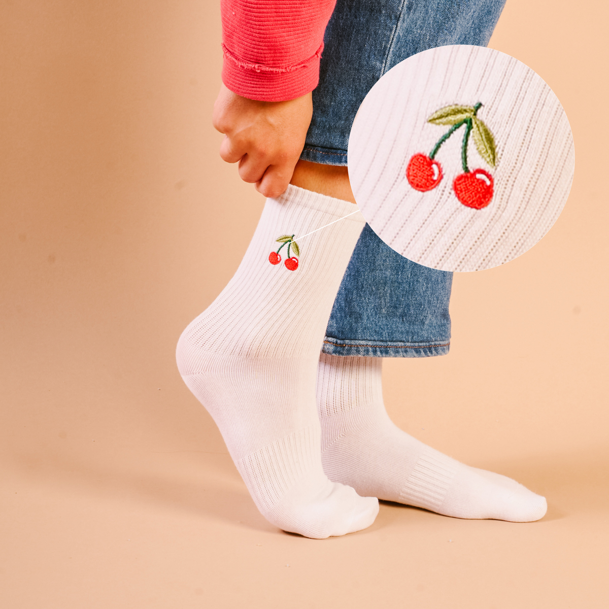 Picture of Embroidered Crew Socks-Cherries