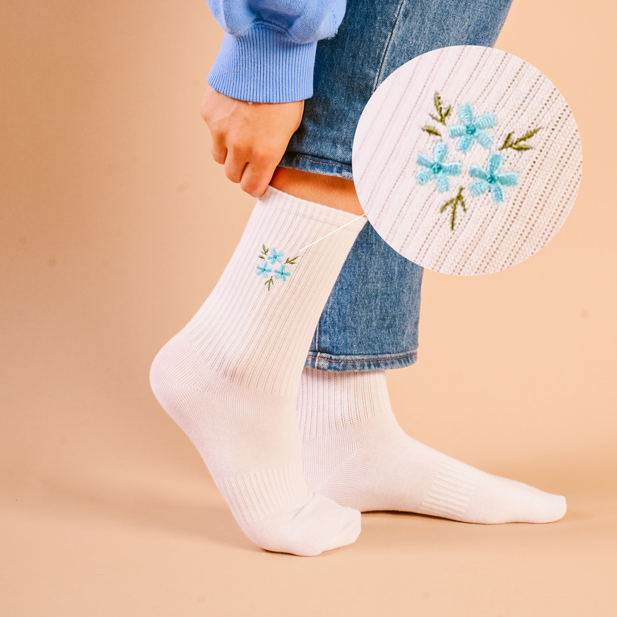 Picture of Embroidered Crew Socks-Floral Blue