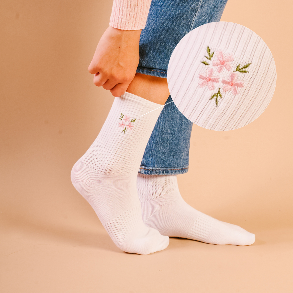 Picture of Embroidered Crew Socks-Floral Pink