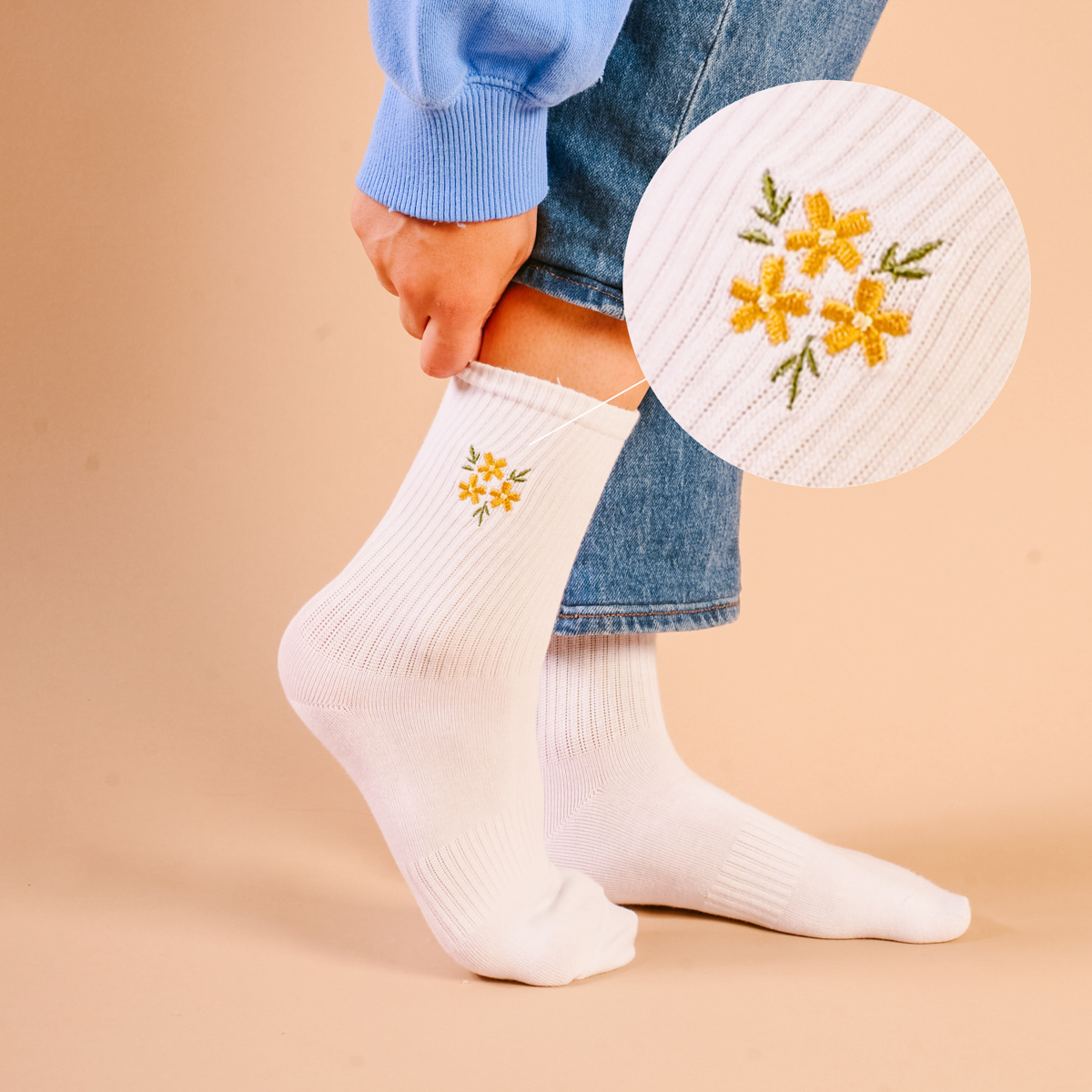 Picture of Embroidered Crew Socks-Floral Yellow