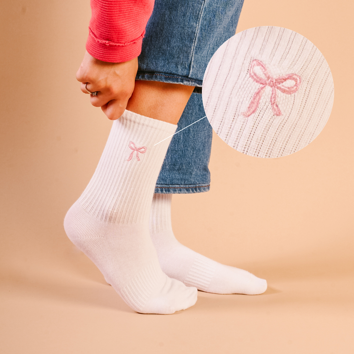 Picture of Embroidered Crew Socks-Pink Bow