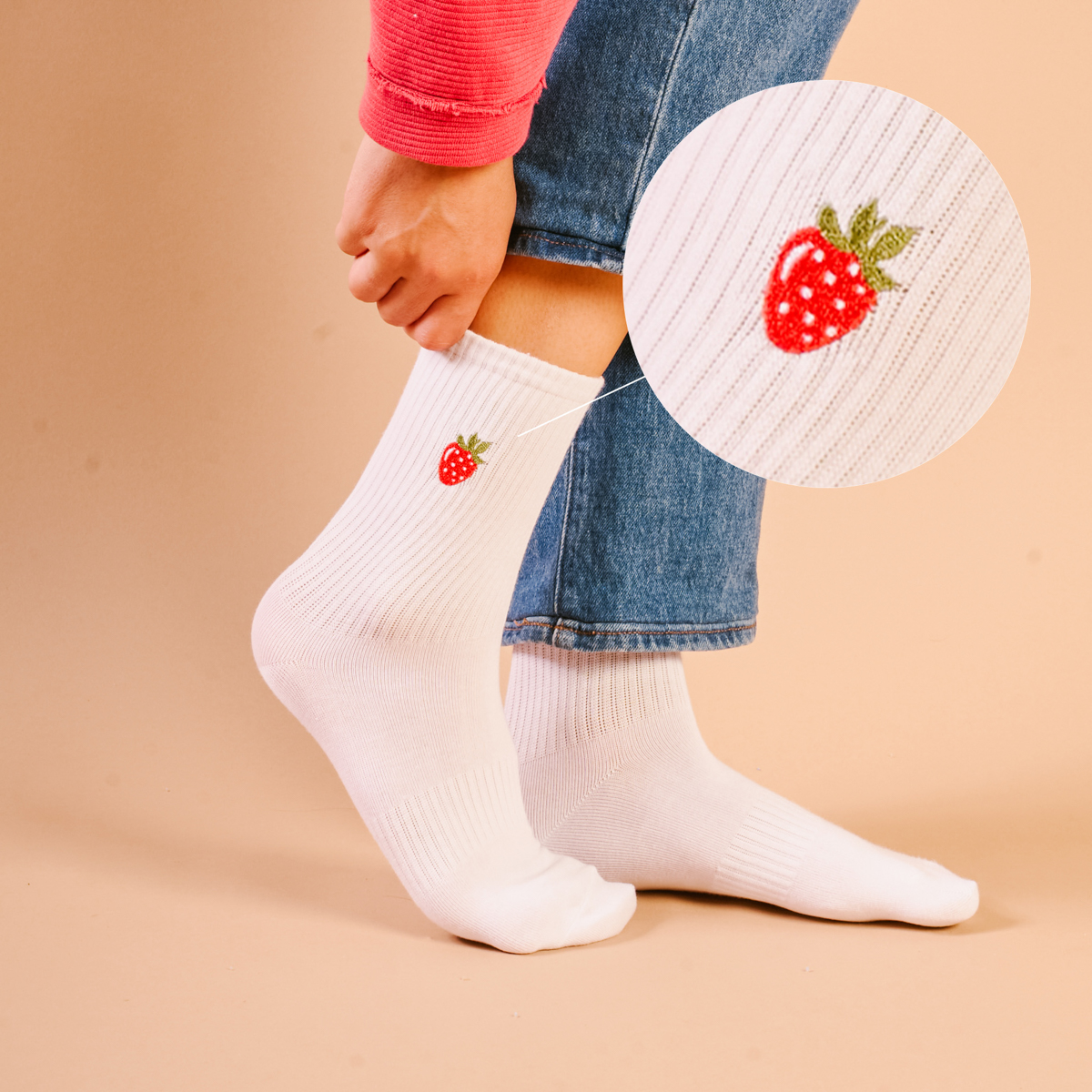 Picture of Embroidered Crew Socks-Strawberry