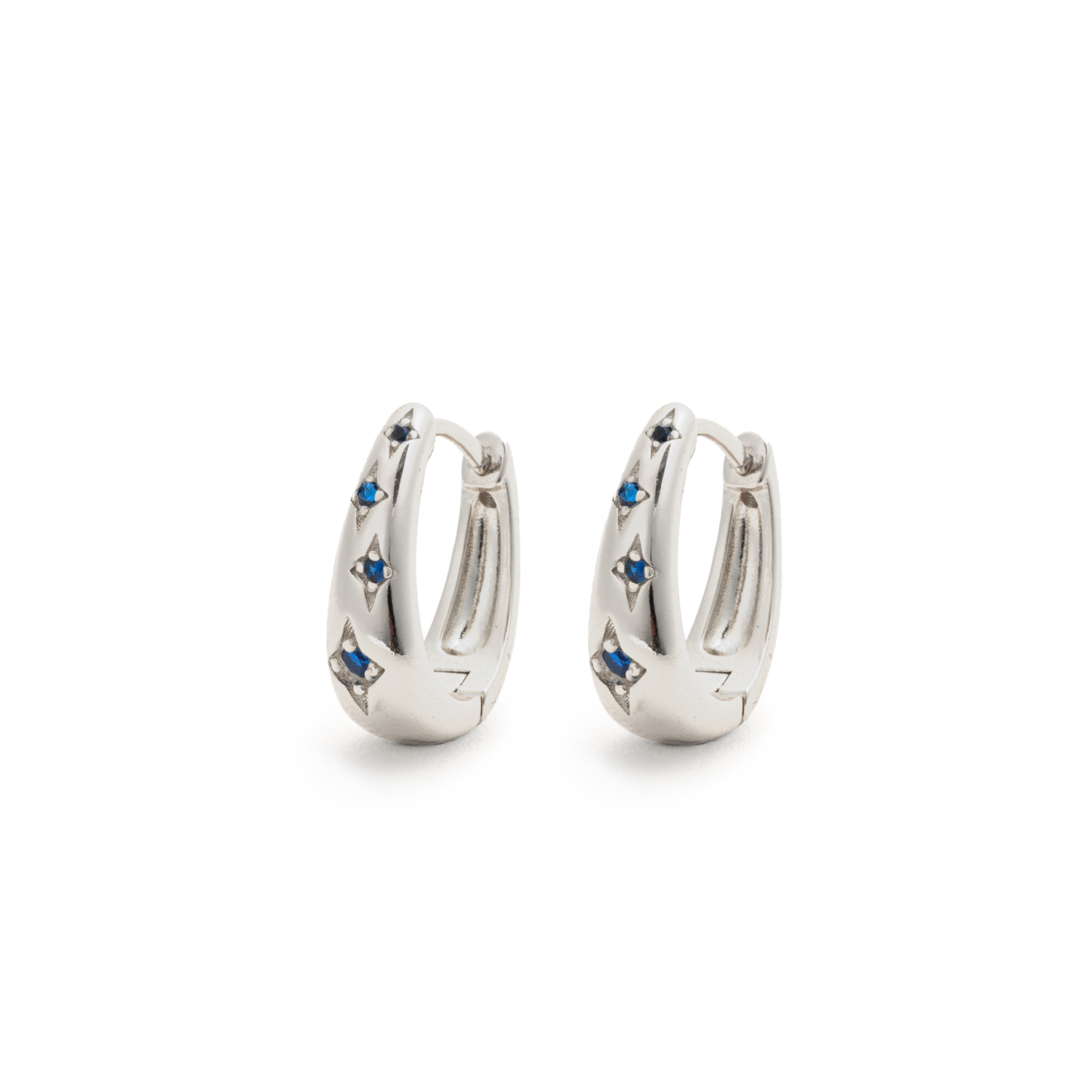 Picture of silver teardrop blue stone huggie earrings